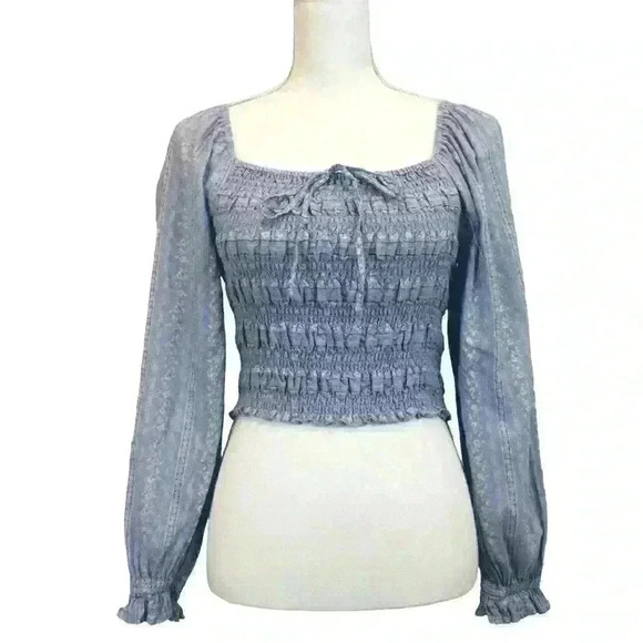 American Eagle Light Blue Floral Blouse Ruched Bodice Long Sleeves Size XS - Picture 1 of 8